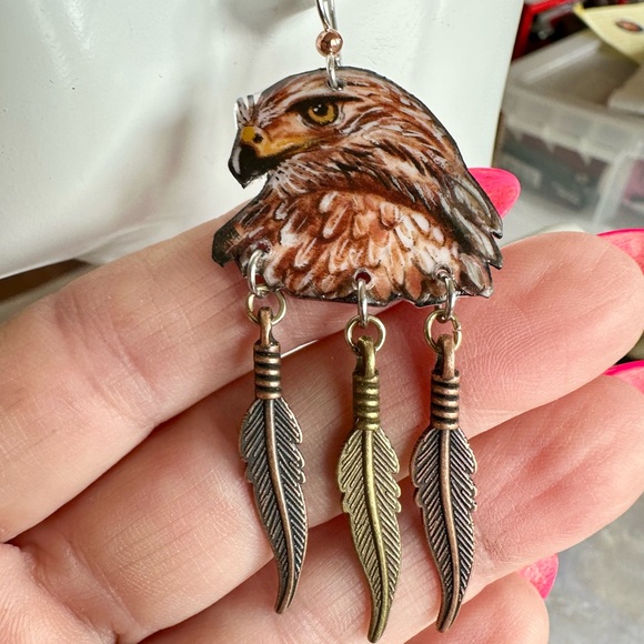 Beautiful handpainted red tail hawk earrings w feather charms silver wires OOAK - Picture 4 of 6